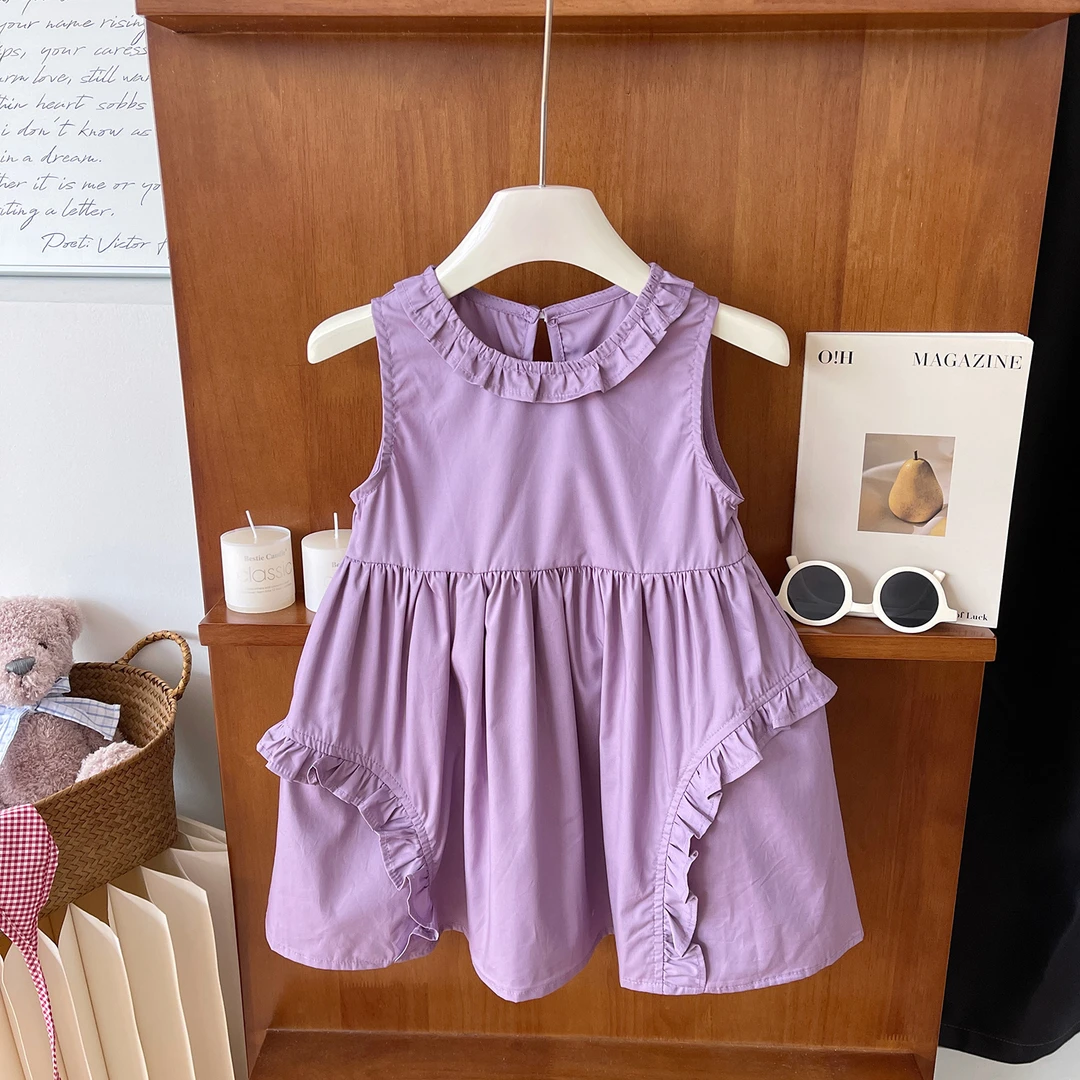 2024夏季新款韩版时尚女童时尚工艺花边设计气质纯色连衣裙S24153