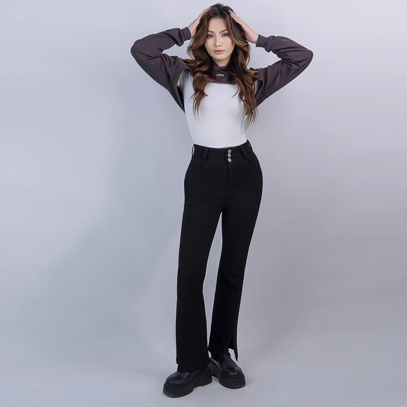 SoulSense2024蜜桃臀塑形显瘦直筒开叉女士微喇牛仔裤黑色