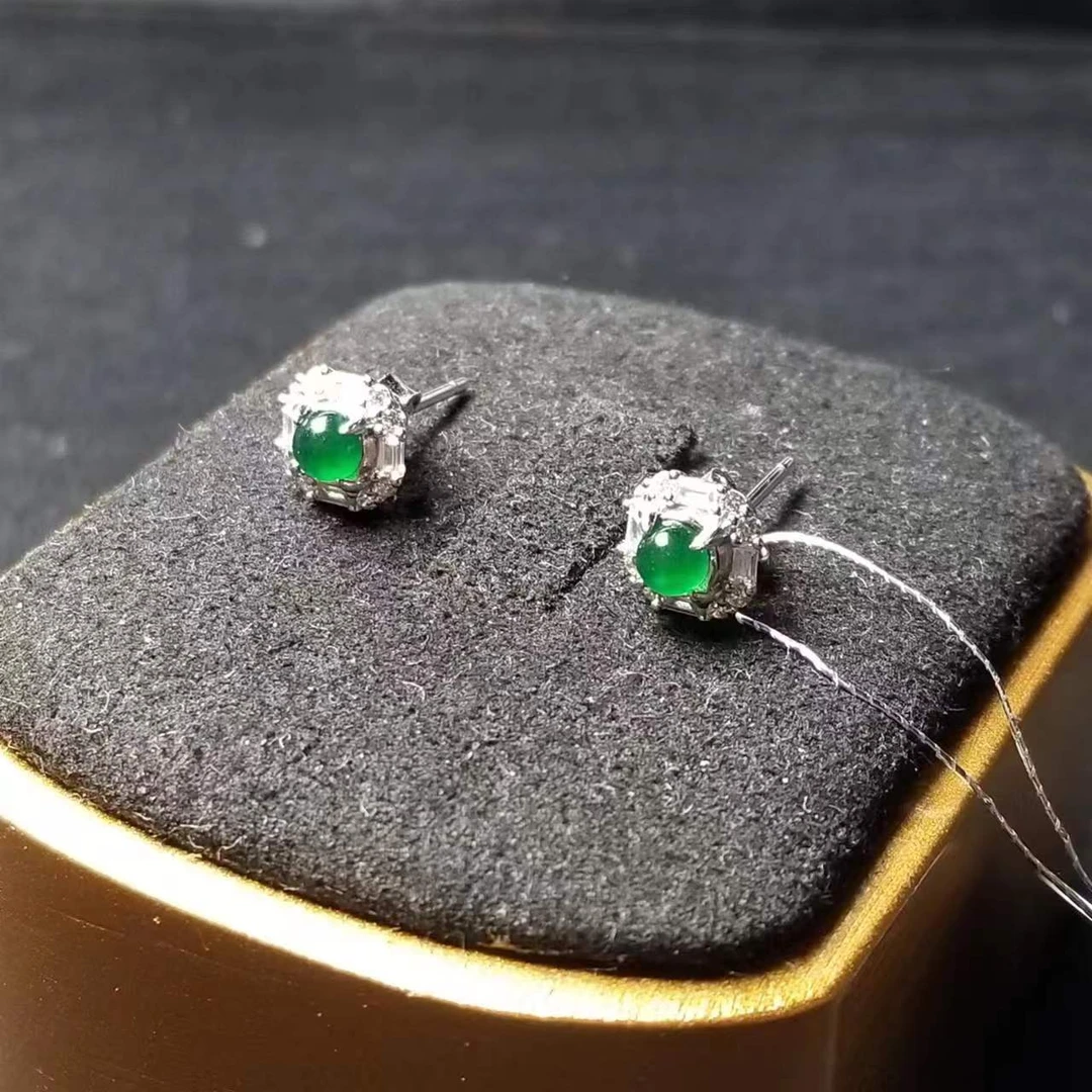 天然翡翠3132/48339满色蛋面方型耳钉银镶嵌（多样性发货）