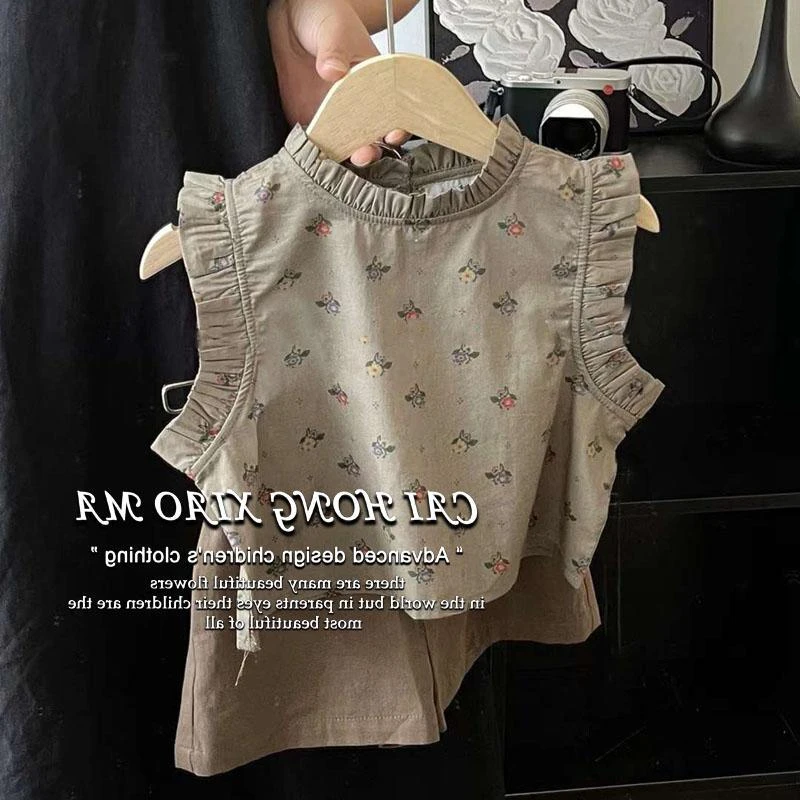 韩版童装女童夏款套装2024新款洋气碎花背心短裤儿童时髦两件套潮