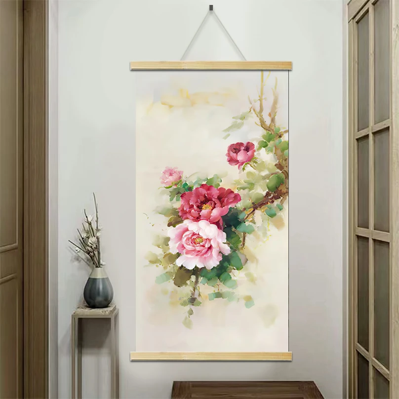 牡丹客厅装饰玄关装饰画沙发背景墙家居画挂画卷轴实木挂轴轻奢