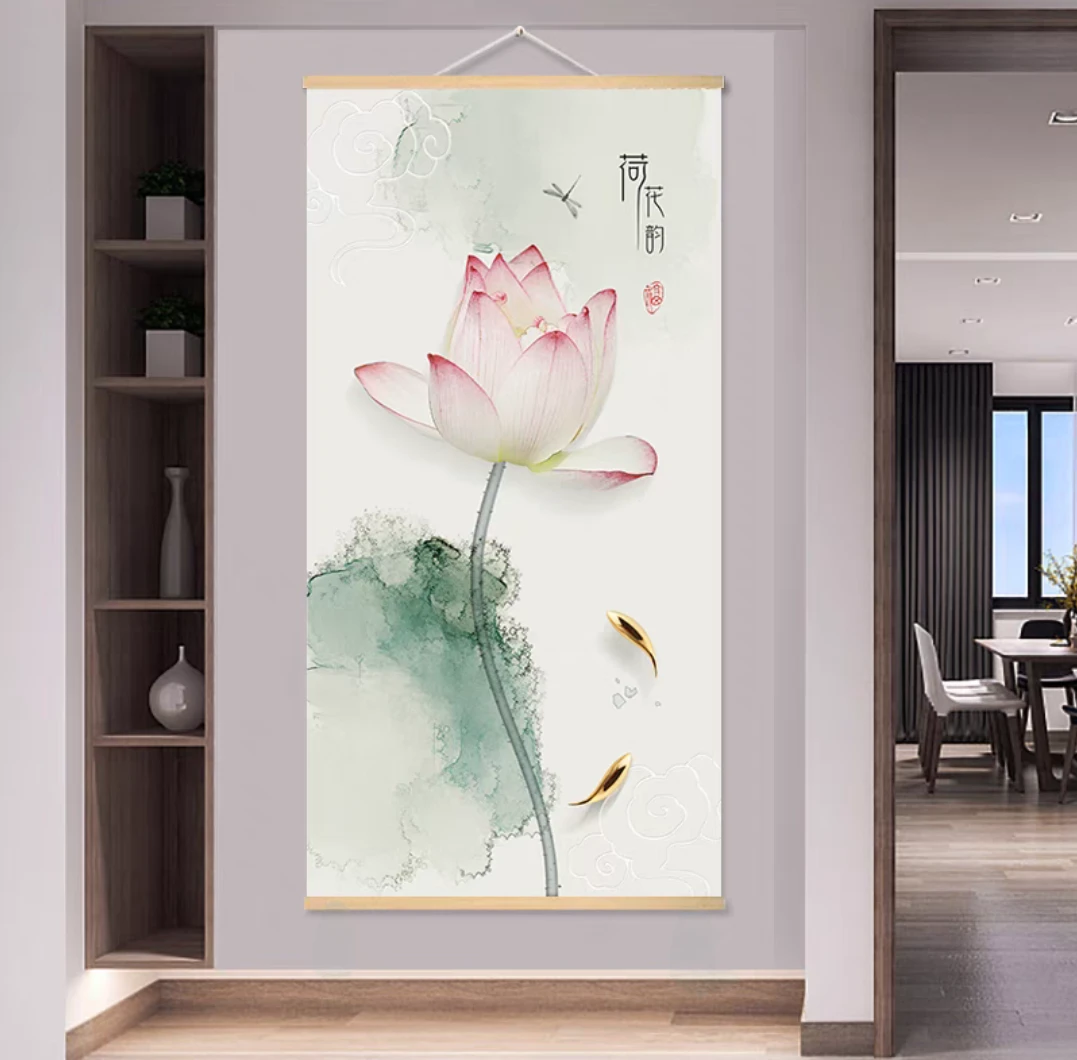 新中式清雅禅意荷花装饰画木卷轴茶室背景墙挂画书房墙饰墙画定制