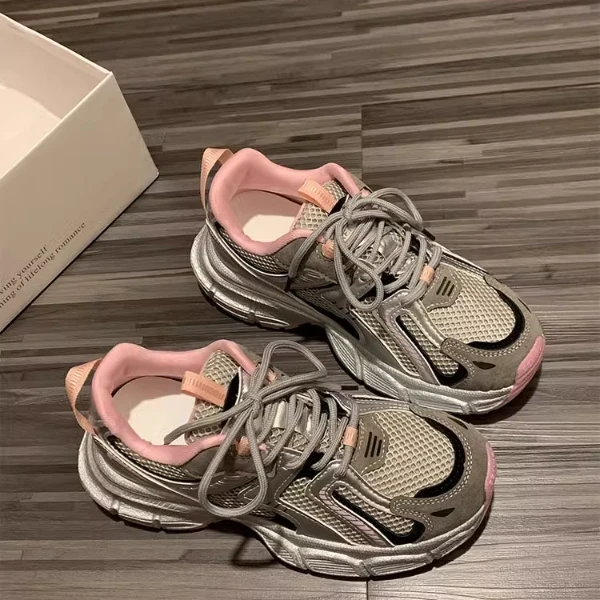 舒适款银色厚底老爹鞋女2024新款春夏外穿百搭网面透气跑步休闲运