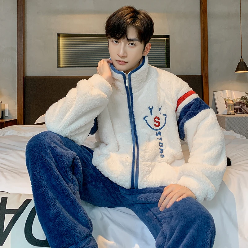 冬季新款珊瑚绒睡衣男款休闲拉链加厚加绒可外穿家居服法兰绒套装