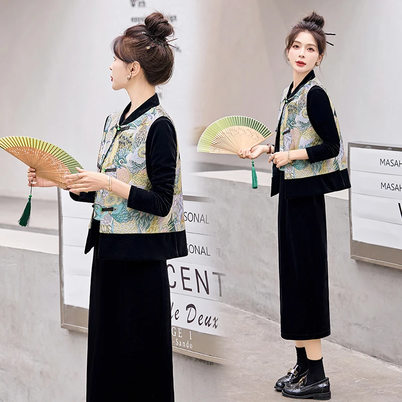 新中式复古马甲连衣裙套装女装2025新款时尚气质马夹中国风两件套