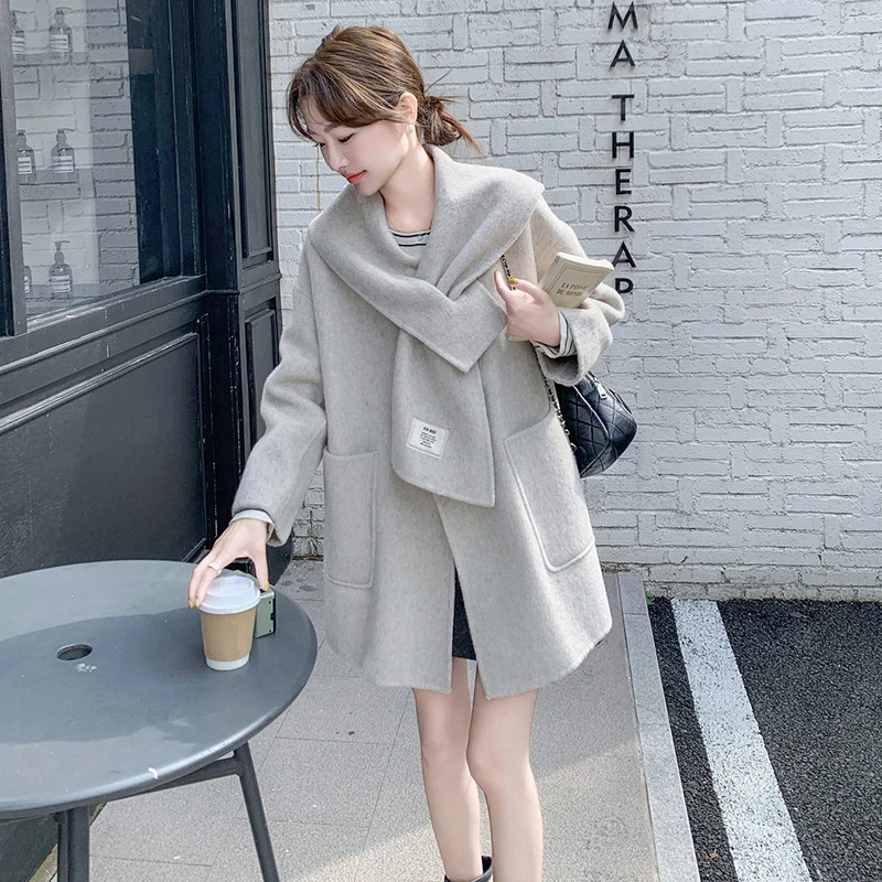 羊毛大衣女2024冬季新款休闲气质围巾百搭双面尼大衣羊毛保暖外套