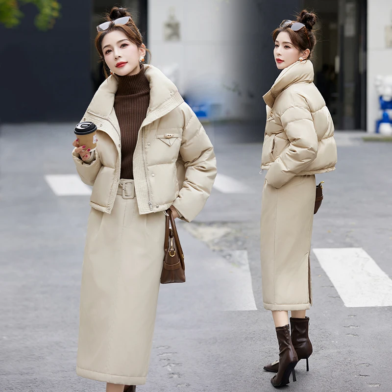 羽绒套装女2024冬季新款潮牌高级感白鸭绒内胆外套半身裙两件套