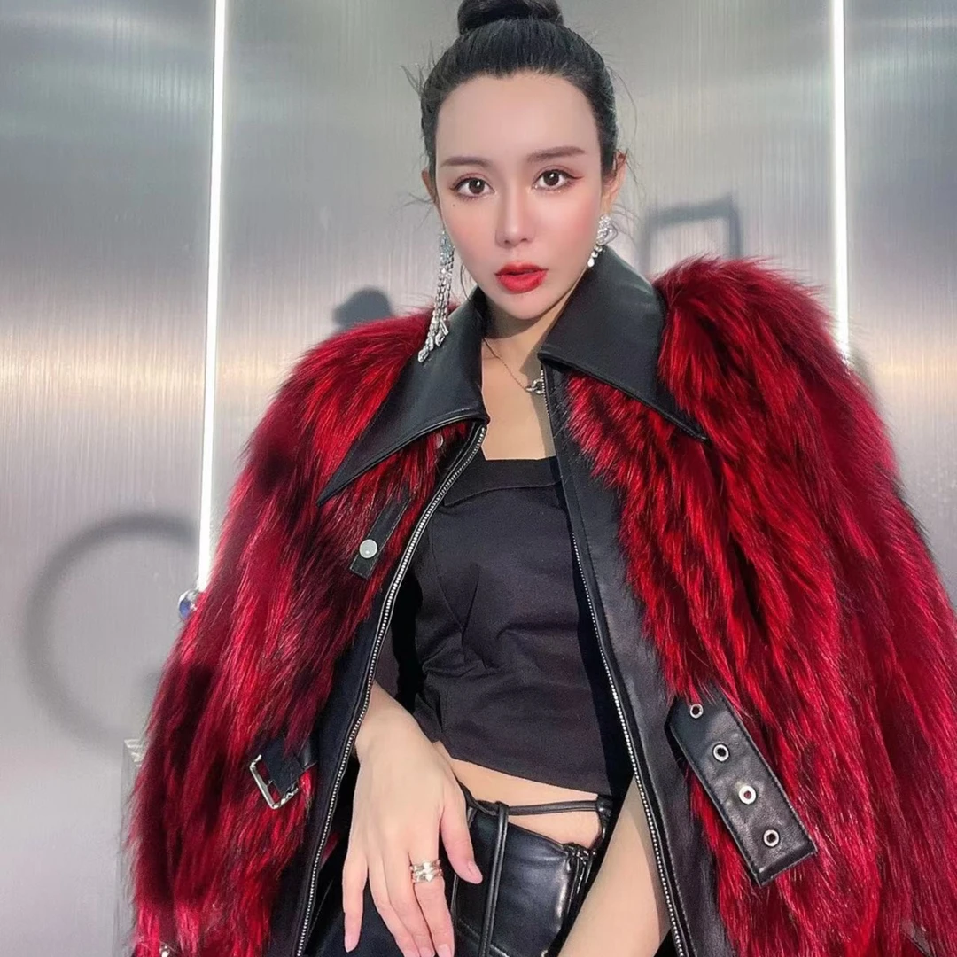 设计师网红时尚狐狸毛女装皮毛一体小羊皮机车冬季女款外套22068