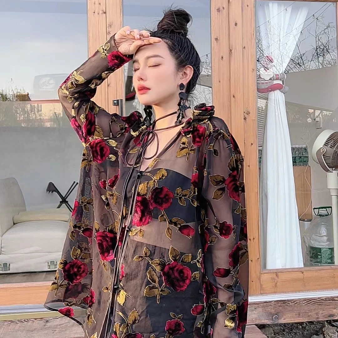 设计师款重工植绒花显瘦衬衫23073