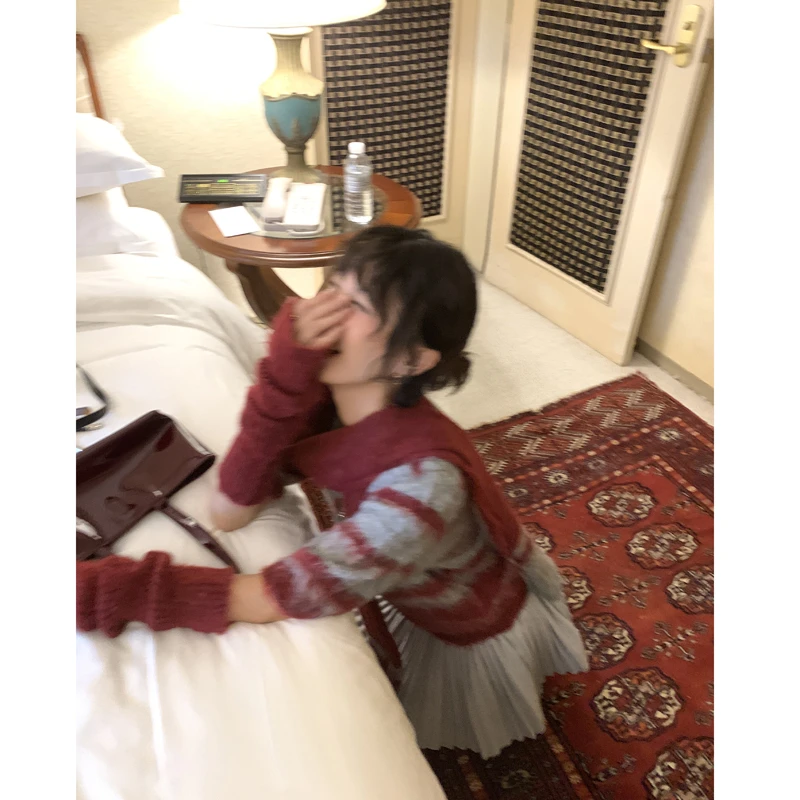 【温暖保护色】慵懒风袖套条纹套头拉毛毛衣女+围巾3978