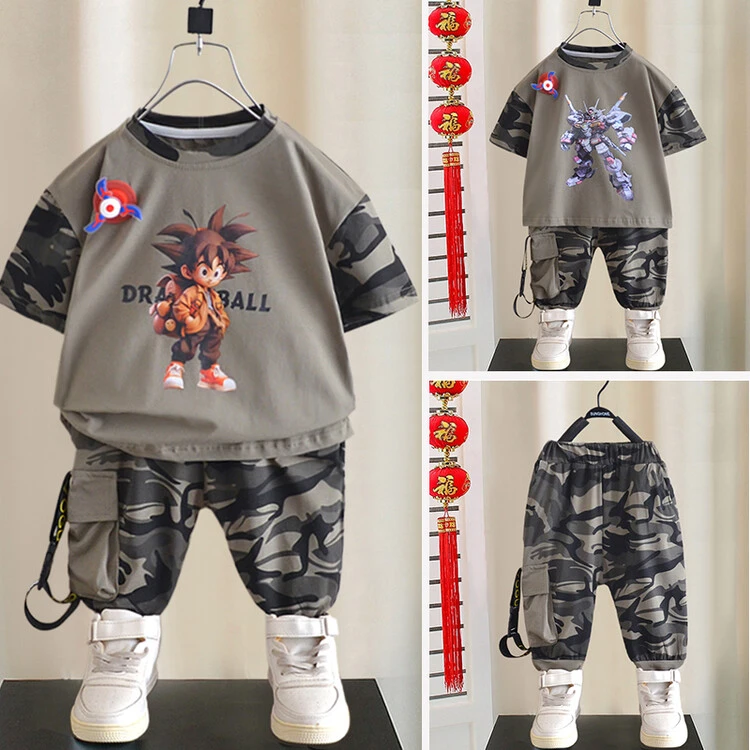 男童夏装套装2024新款儿童韩版小童洋气薄款男宝宝迷彩短袖两件套