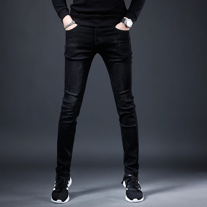 男士黑色牛仔裤秋冬厚款弹力修身小脚显瘦爆款休闲百搭潮流男长裤