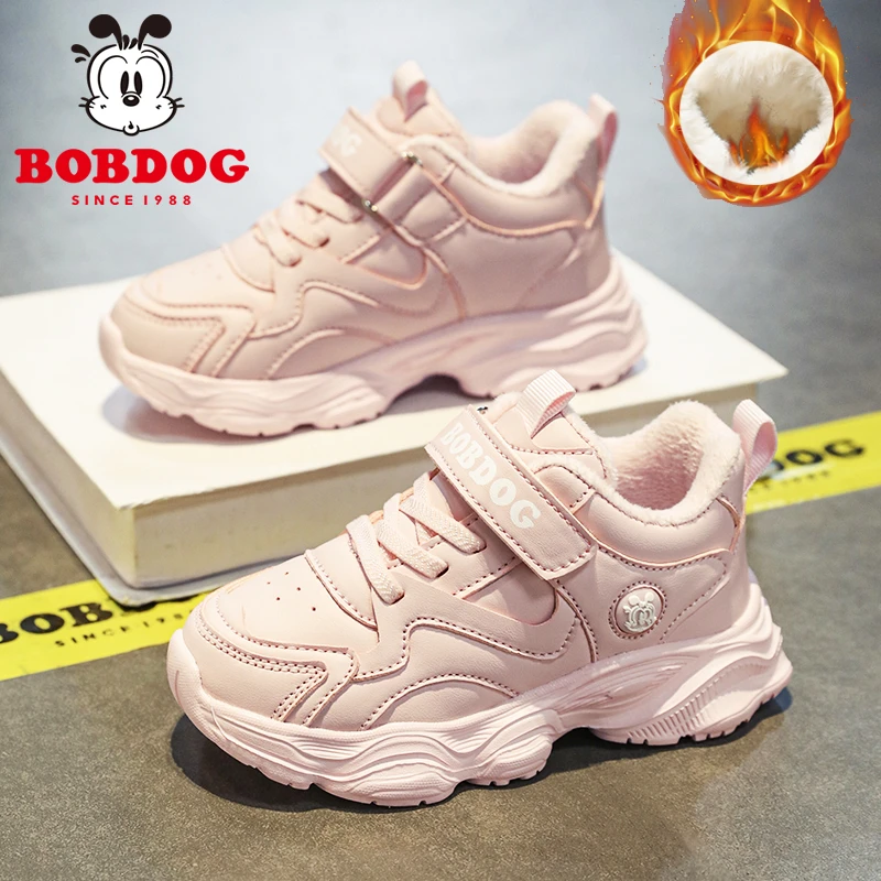 巴布豆童鞋儿童运动鞋冬季新款女童加绒鞋皮面老爹鞋女孩二棉鞋子