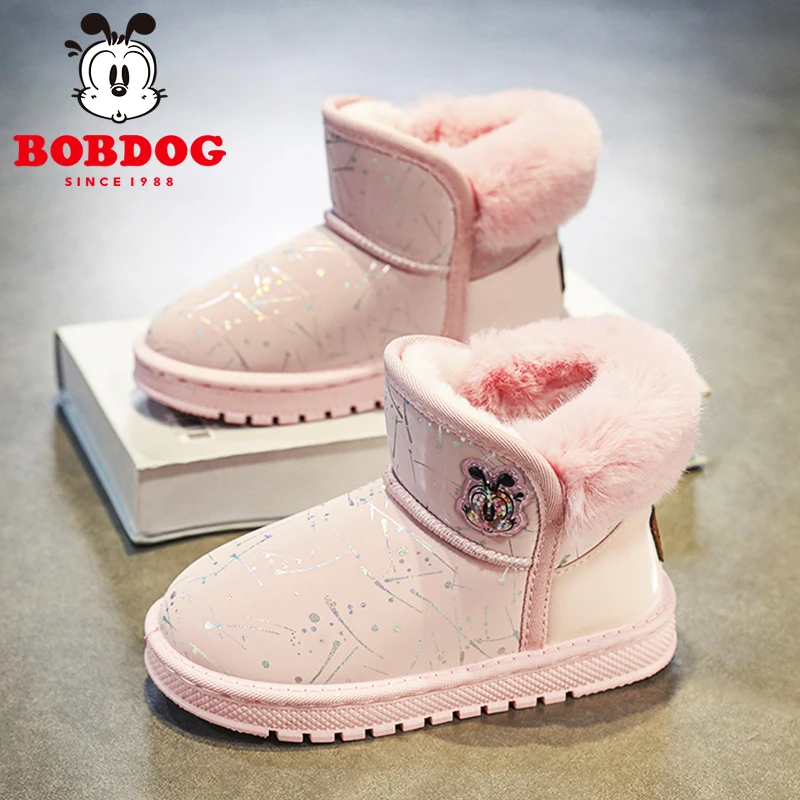 巴布豆童鞋冬季女童雪地靴加绒加厚保暖鞋6-12岁潮款儿童防水棉鞋