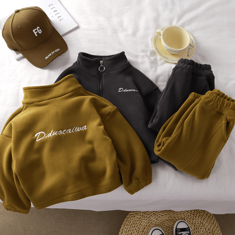 儿童秋冬加绒加厚保暖套装韩版男童女童奥利绒俩件套中大童