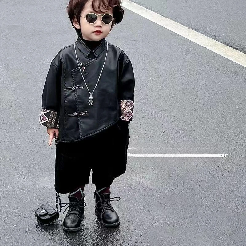 装男童春秋款2024儿童国风皮衣加绒外套冬季小童男女宝宝时尚男宝