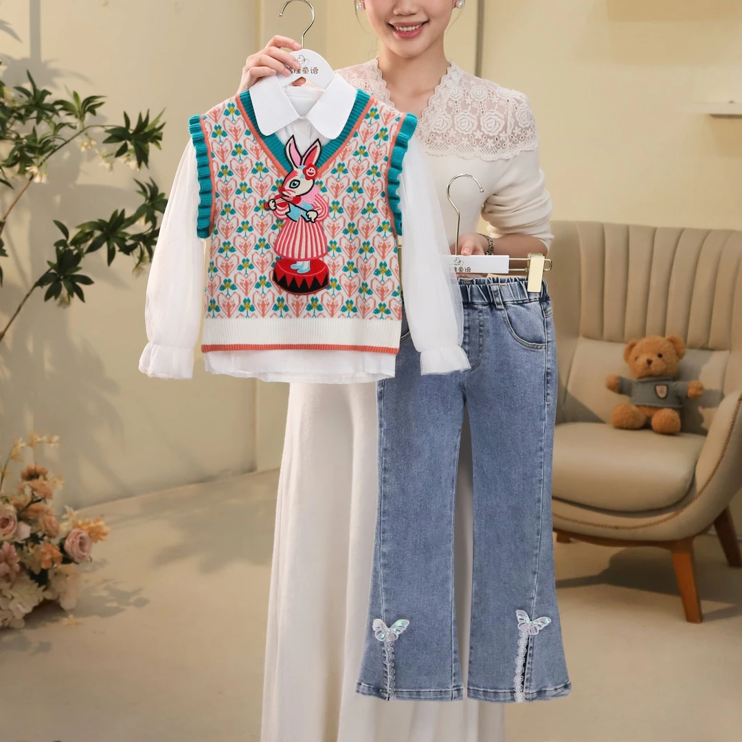 女童套装2024秋装儿童卡通时髦马甲衬衫牛仔裤三件套ZH518