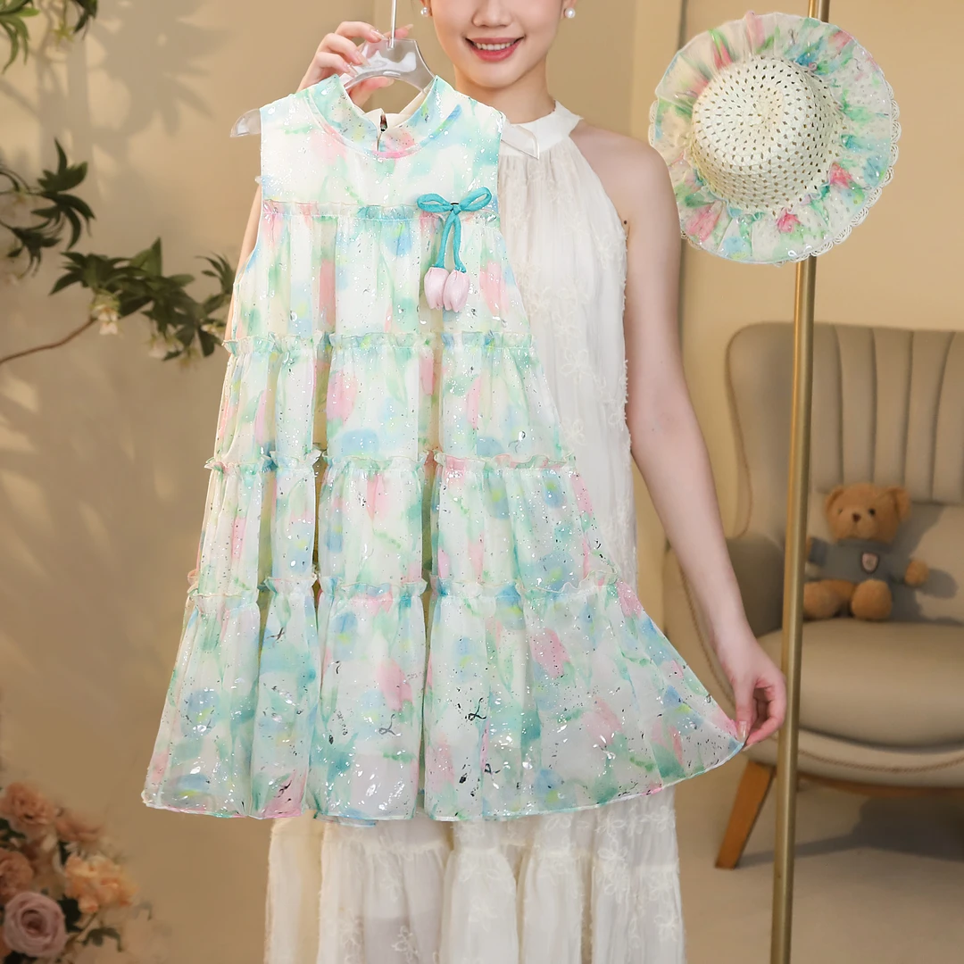 女童连衣裙2024夏季飘带碎花公主裙无袖立领连衣裙T4230001427