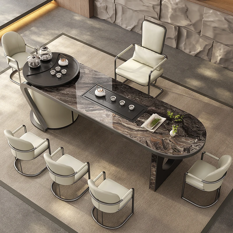 岩板茶桌轻奢现代简约别墅功夫茶台家用办公室别墅高级感一桌五椅