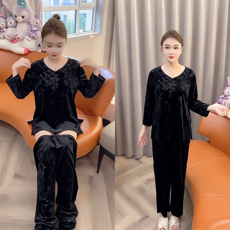 春秋新款气质网红洋气时尚金丝睡衣女显瘦黑色宽松中式家居服套装