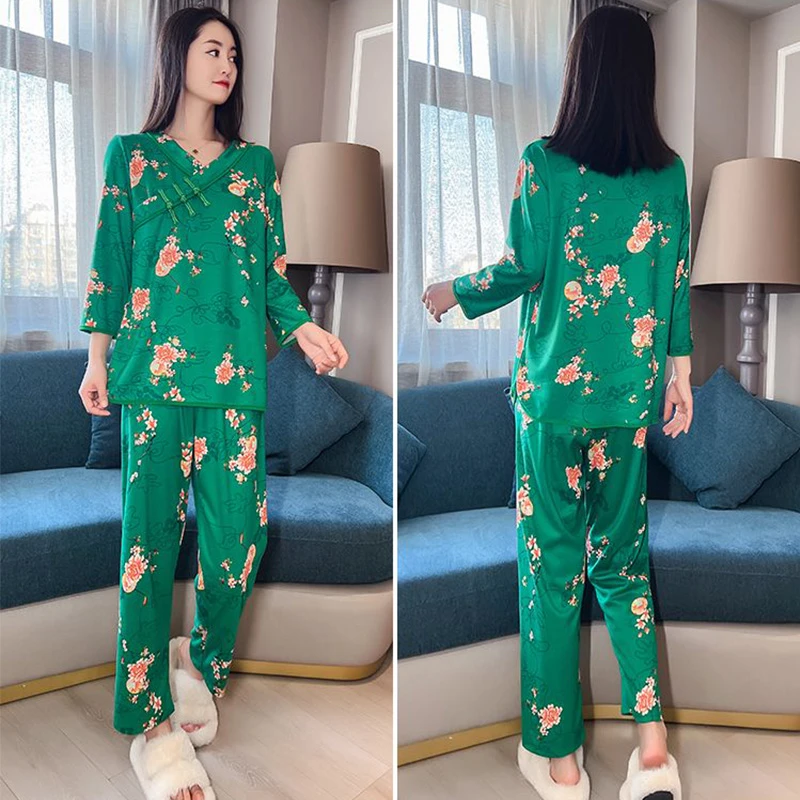 秋季网红大码时尚德绒睡衣女套装印花洋气宽松盘扣国风简约家居服