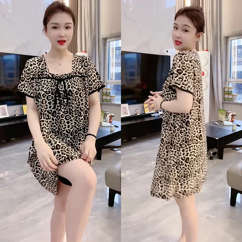 夏季薄款大码气质显瘦家居服网红豹纹韩版时尚洋气宽松舒适睡裙女
