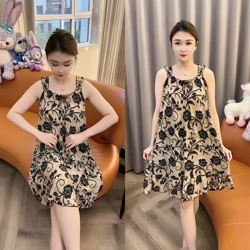 夏季薄款复古印花显瘦大码睡裙女韩版无袖时尚宽松洋气舒适家居服