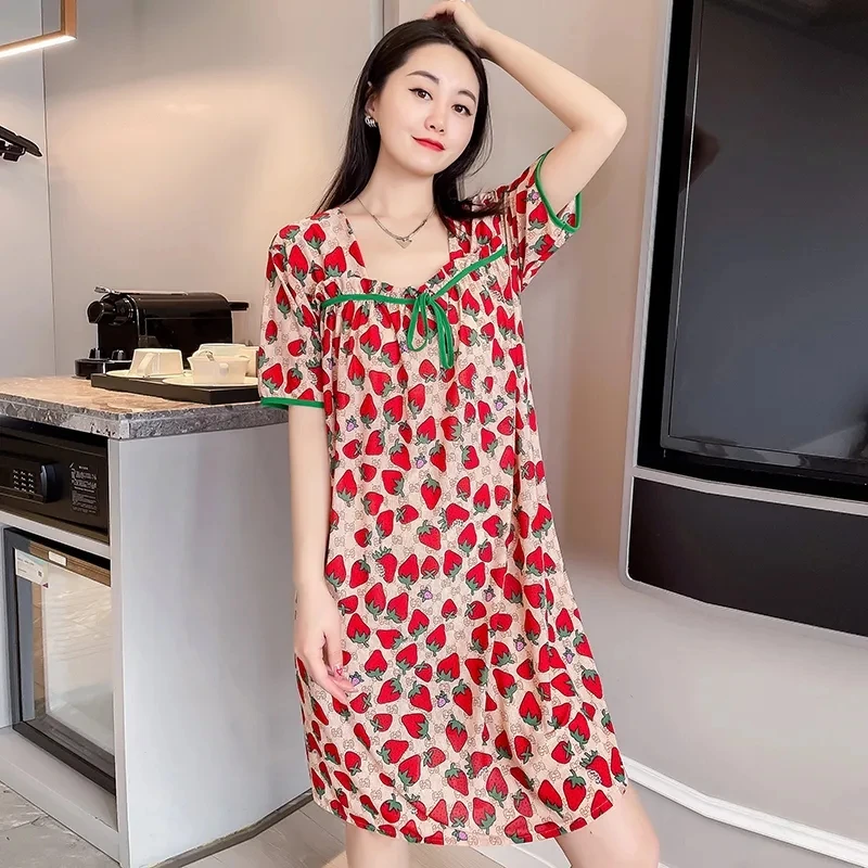 夏季薄款草莓印花减龄甜美家居服韩版大码显瘦时尚宽松中长款睡裙