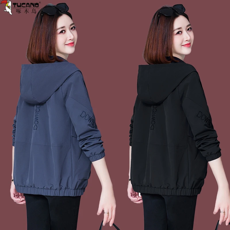 【官方品牌】啄木鳥连帽外套女2025新款中年洋气夹克春秋中老年上衣
