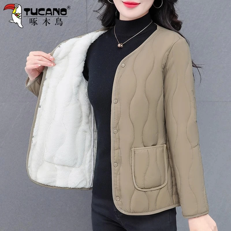 【官方正品】啄木鳥薄款棉服女冬季2025年新款妈妈洋气加绒夹棉外套