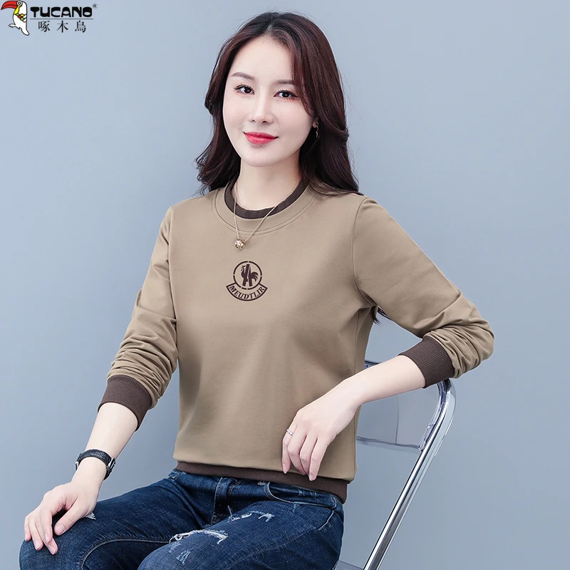 【官方品牌】啄木鳥圆领卫衣女春秋季2025新款休闲时尚长袖打底上衣
