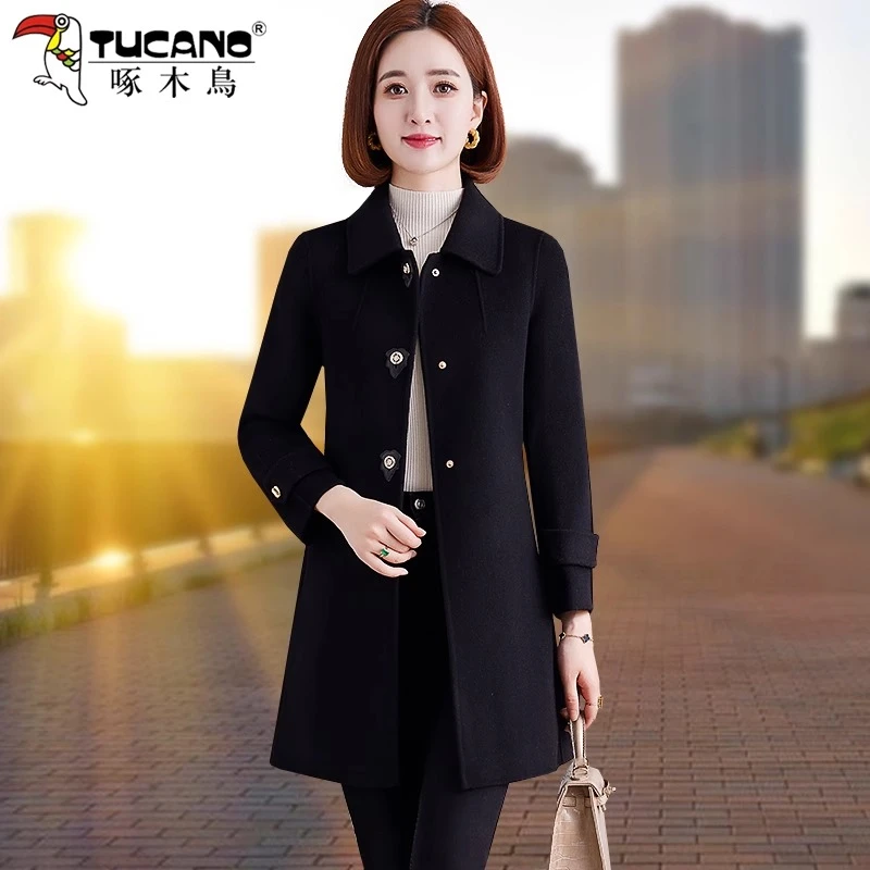 【官方品牌】啄木鳥中长款毛呢外套女士冬季2025新款春秋款气质大衣