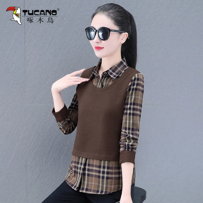 【官方】啄木鳥假两件上衣女士长袖格子衬衣2025春秋新款遮肚子衬衫