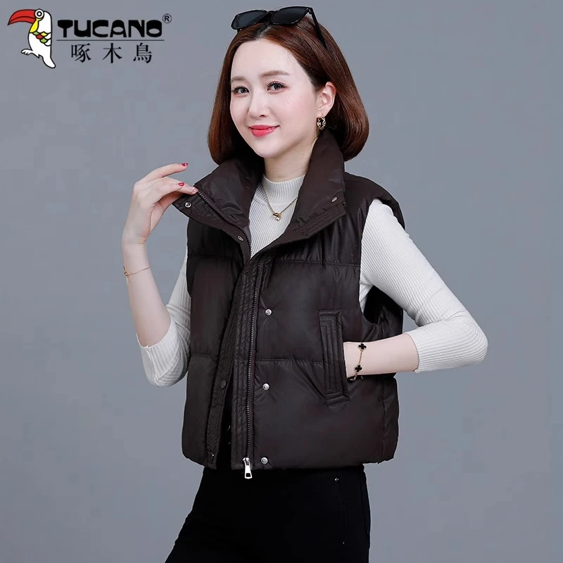 【官方品牌】啄木鸟短款马甲女冬季2025新款小个子立领马夹无袖棉衣