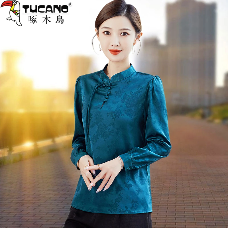 【官方正品】啄木鳥新中式国风长袖衬衫女装2025高级感气质提花衬衣