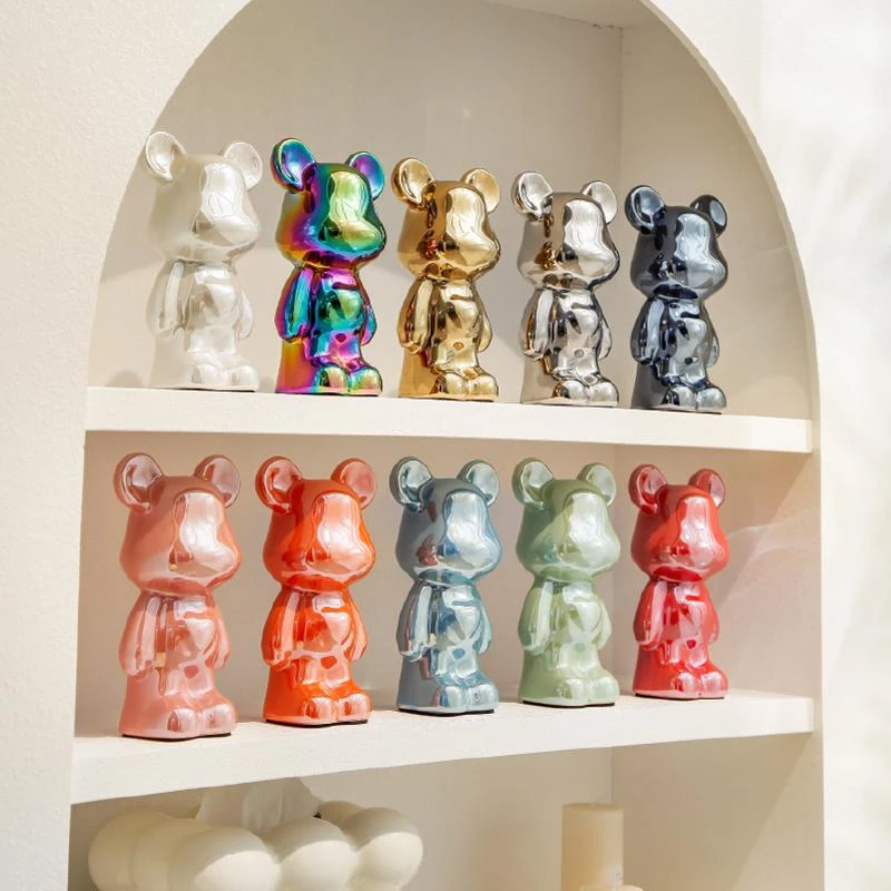 陶瓷18cm电镀爱心熊摆件客厅轻奢风创意工艺品玄关酒架高档