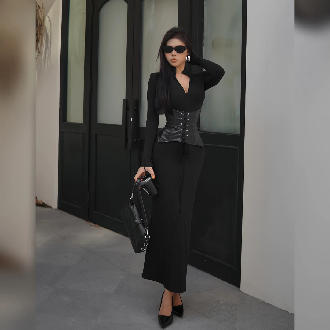 【蜜蜜家】露水薄荷 欧美辣妹显瘦气质性感复古修身秋冬连衣裙 Y466