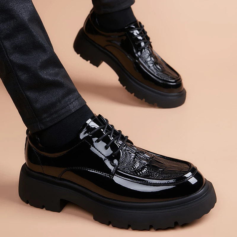 皮鞋男鳄鱼纹休闲时尚透气韩版男士高级感厚底内增高商务皮鞋男