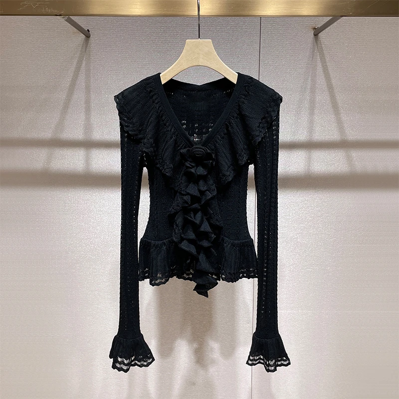 韩系chic别致上衣2024秋季新款立体玫瑰法式荷叶边镂空长袖针织衫