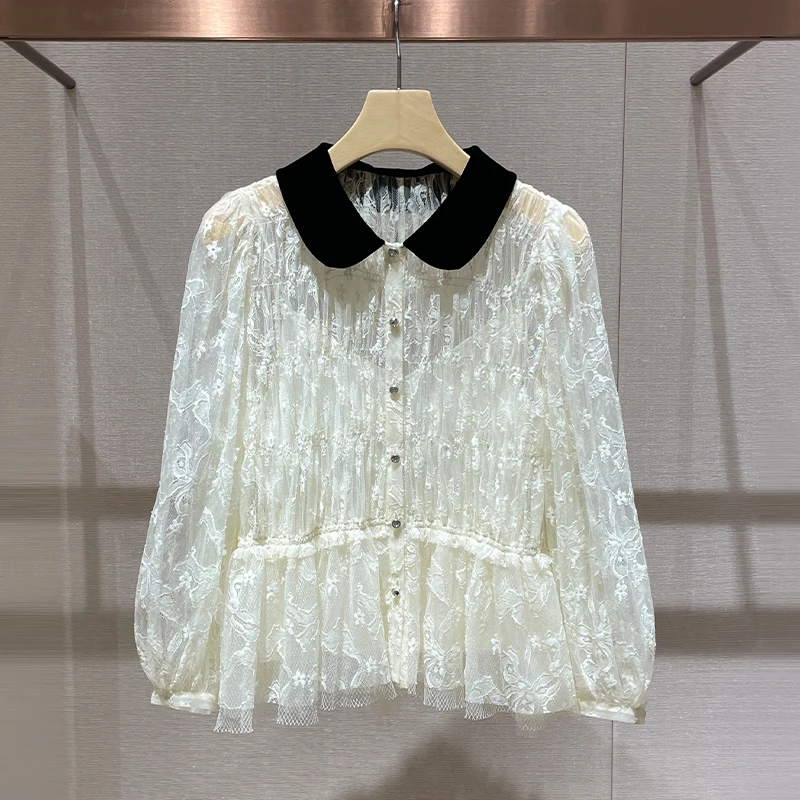 独特超好看上衣2024秋新款明星同款优雅气质撞色娃娃领重工蕾丝衫