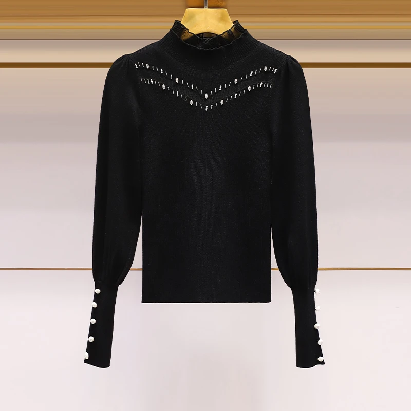 半高领钉钻针织衫女2024年秋冬新款气质百搭套头衫打底衫毛衣上衣