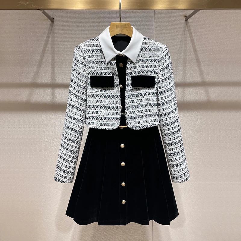 富家小香风连衣裙2024秋季新款收腰高级感甜美假两件千金丝绒裙子