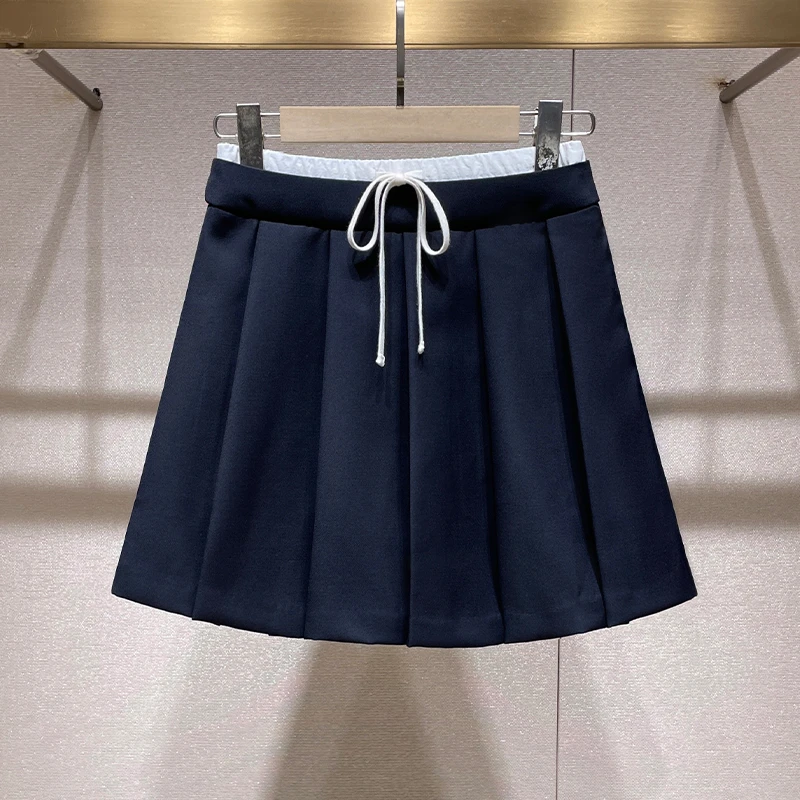 百褶裙半身裙2024秋季新款简约抽绳半裙松紧高腰显瘦裤裙a字短裙