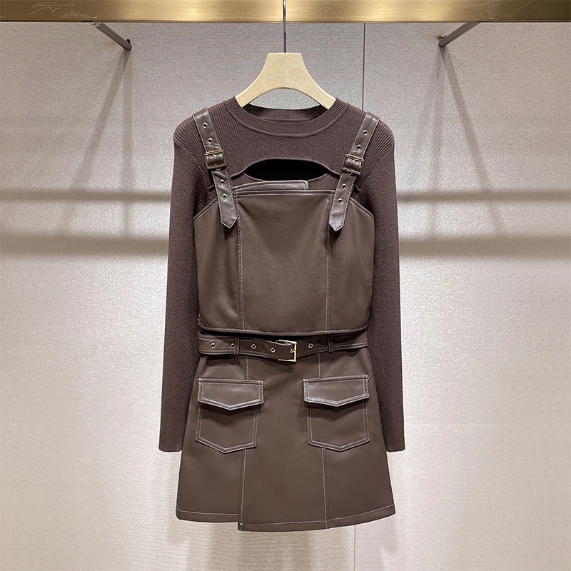 2025秋季新款女装时尚洋气时髦套装复古辣妹风镂空针织皮裙三件套