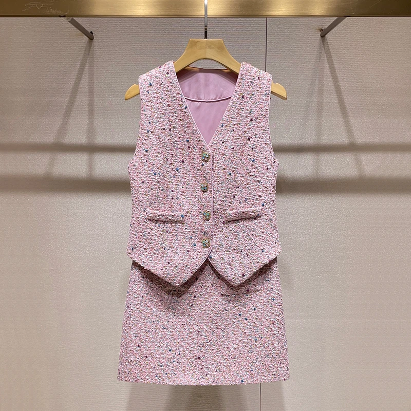 韩风chic套装2024秋新款高级感轻奢重工小香名媛风粉色气质两件套