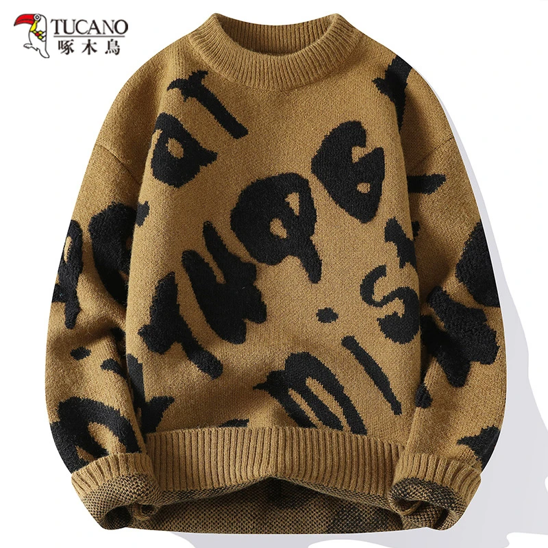 啄木鸟秋冬男毛衣时尚字母加厚圆领针织衫青少年学生打底衫男上衣