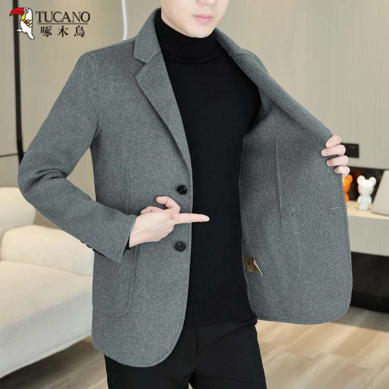 TUCANO/啄木鳥秋冬新款羊绒休闲西装领短款男士双面呢大衣