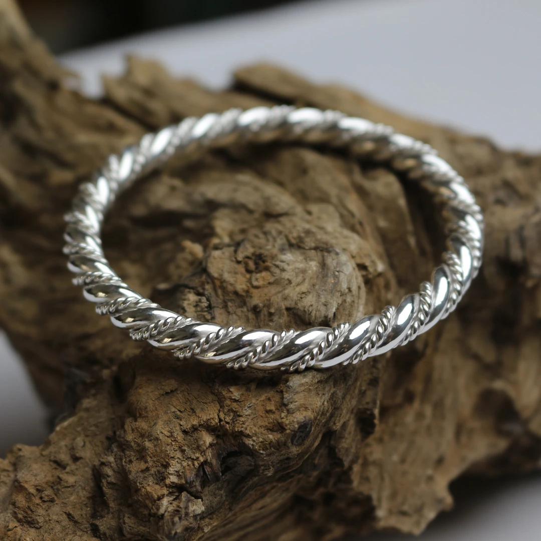 足银手镯 江南烟雨银手镯银麻花复古编织银镯子纯银手镯手工定做