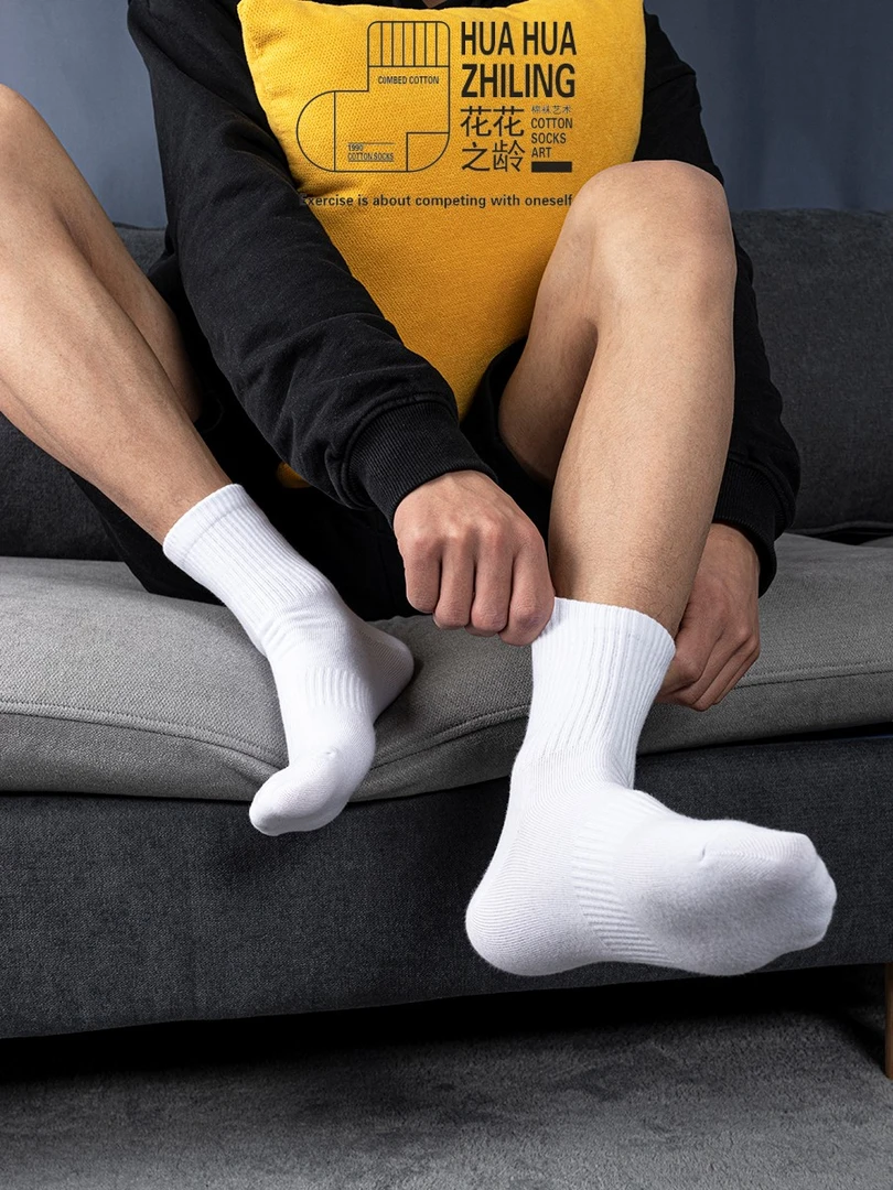 花花之龄袜子男士中筒袜秋冬季加厚袜子保暖运动袜白色长筒毛巾底