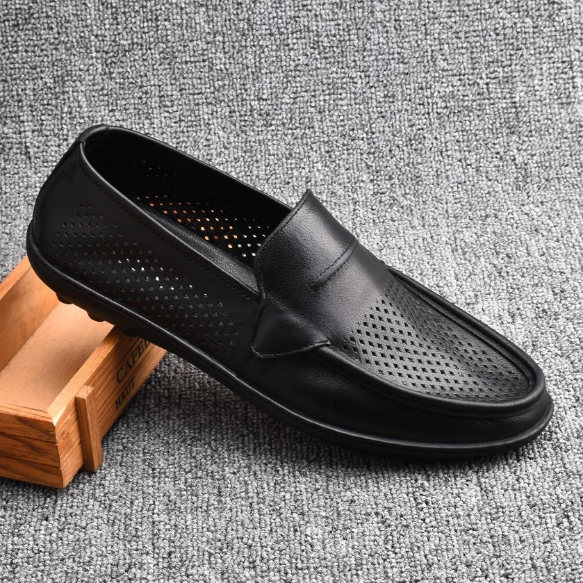 2024夏季镂空透气软底真皮男士休闲鞋豆豆鞋懒人鞋防滑商务中老年
